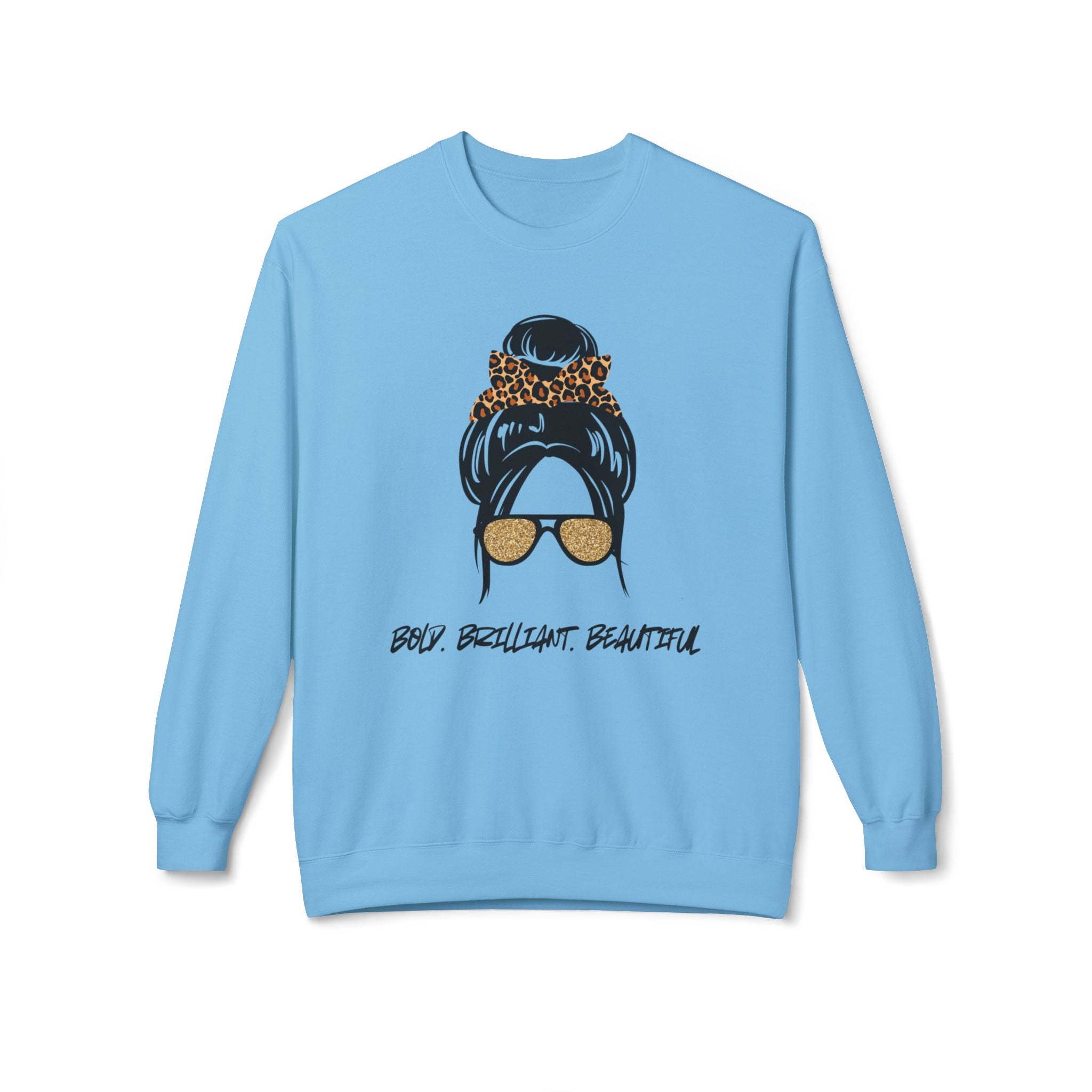 Bold Brilliant Beautiful Graphic Messy Bun Leopard Sunglasses Crewneck Sweatshirt