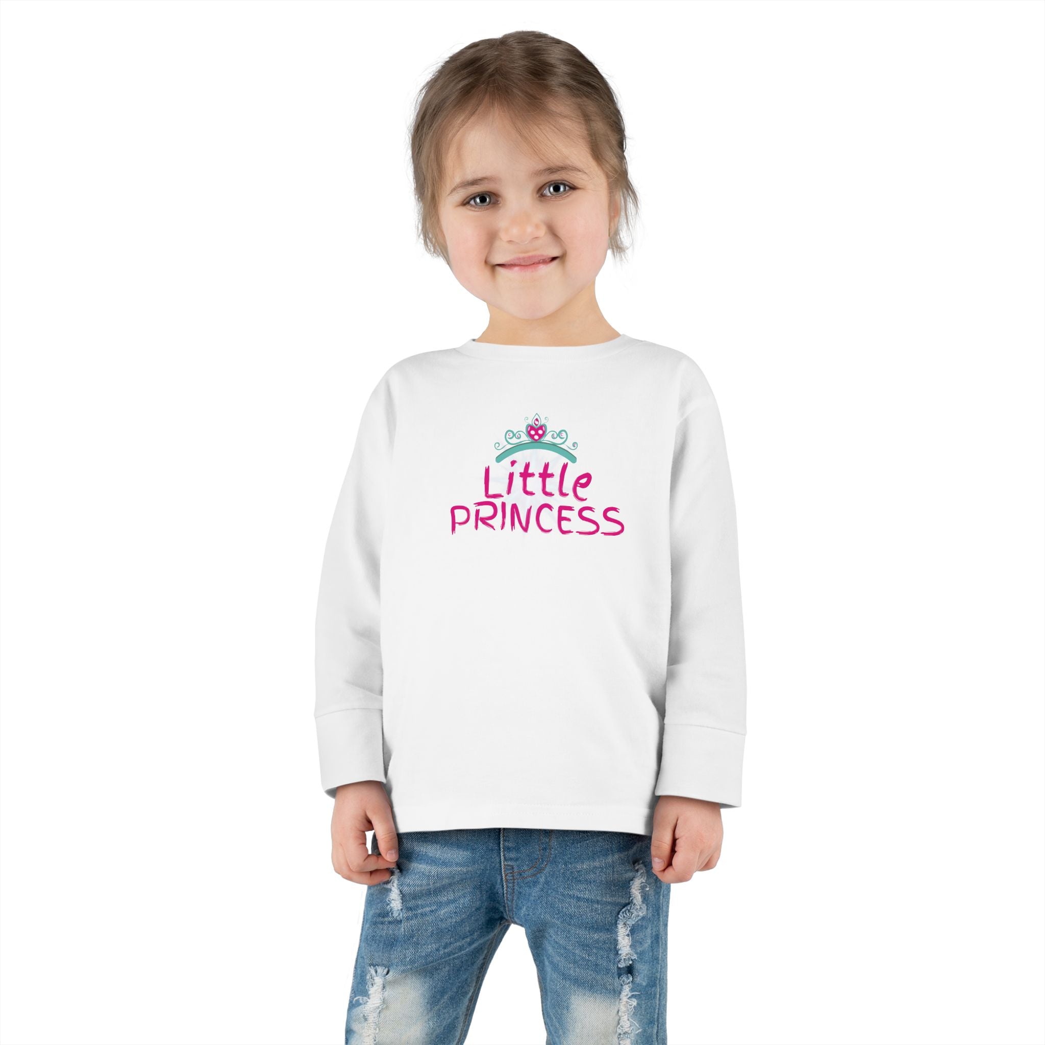 Little Princess Toddler Long Sleeve Tee – Pink Tiara & Heart Graphic