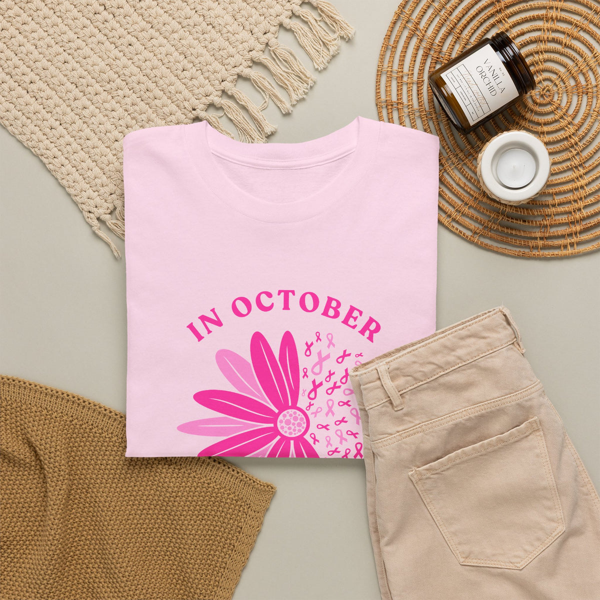 Breast Cancer Awareness Tee — "In October We Wear Pink" Floral Design