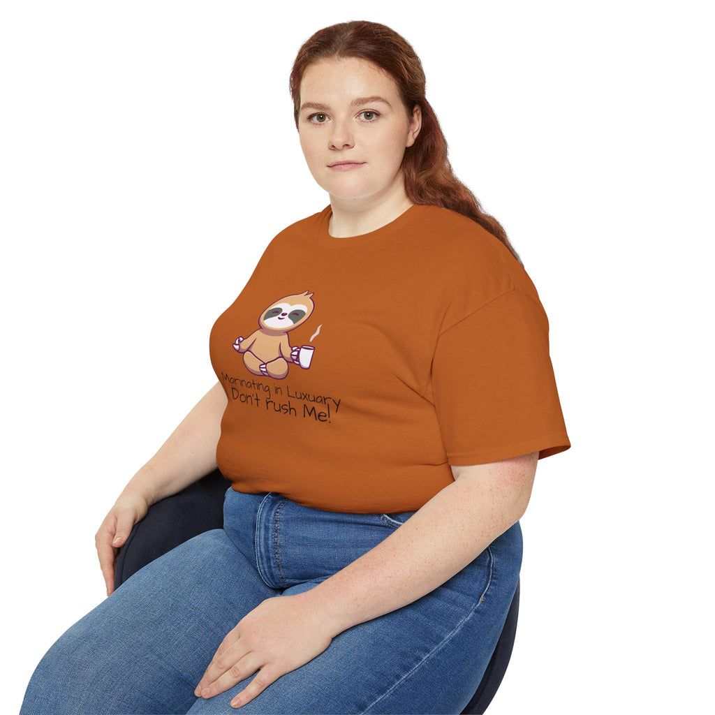 Marinating in Luxury Sloth Tee — "Don't Rush Me" Cute Coffee T-Shirt
