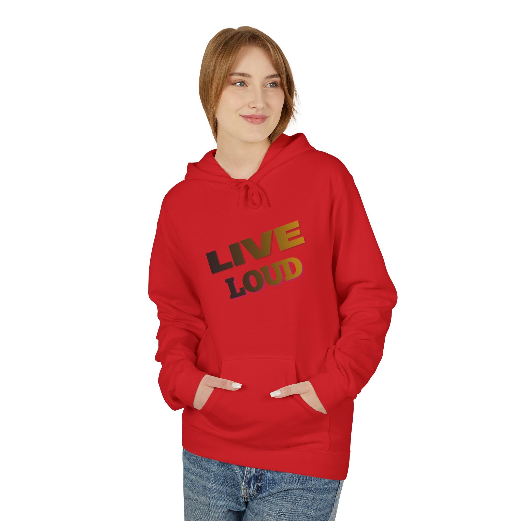 Live Loud Hoodie — Bold Diagonal Text Graphic Pullover