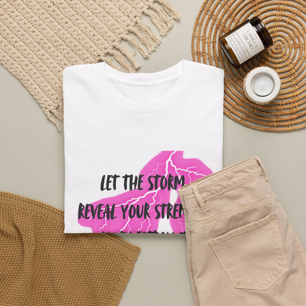 Let the Storm Reveal Your Strength Tee — Inspirational Pink Lightning Graphic T‑Shirt