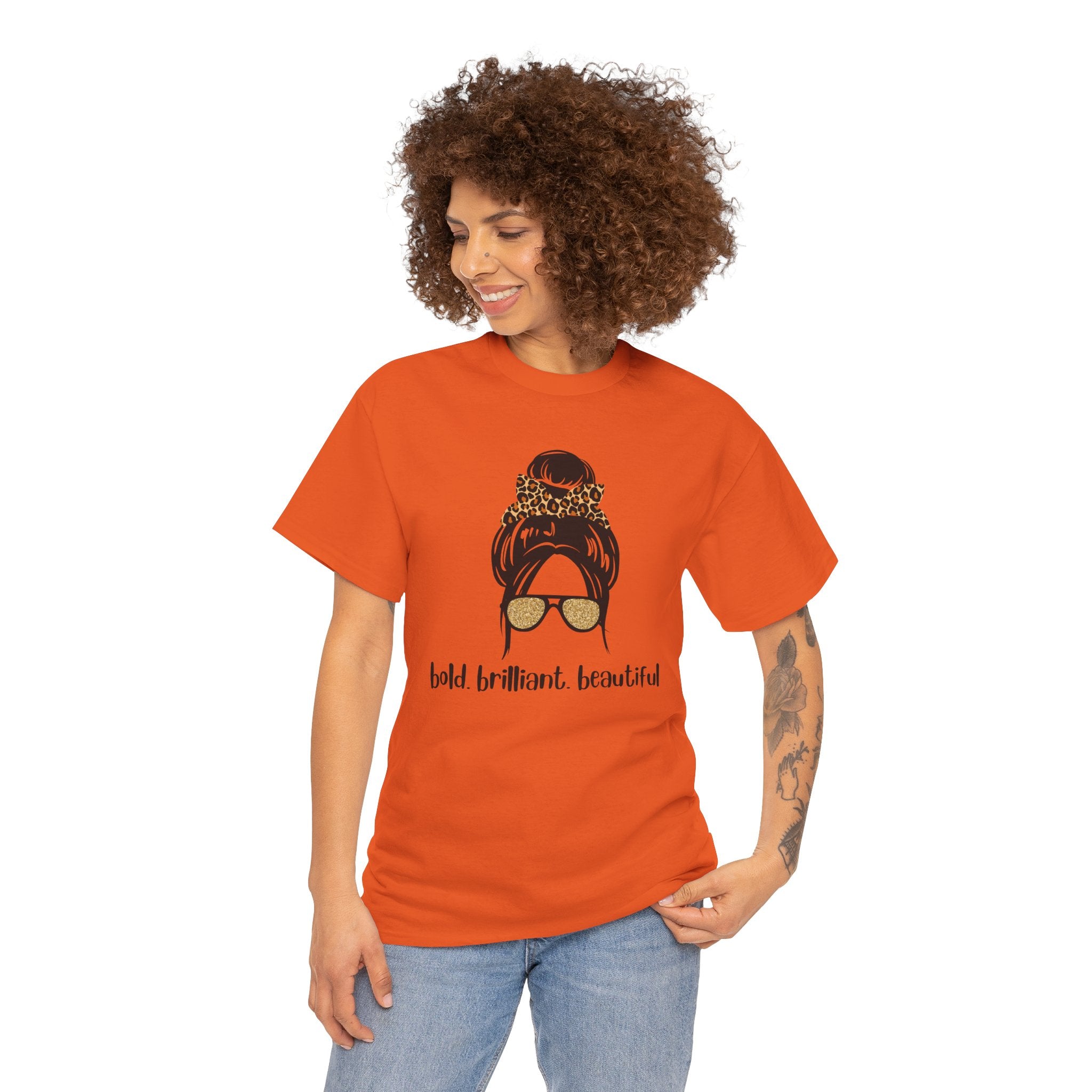 Graphic Tee — Messy Bun Sunglasses Design with "Bold Brilliant Beautiful" Text