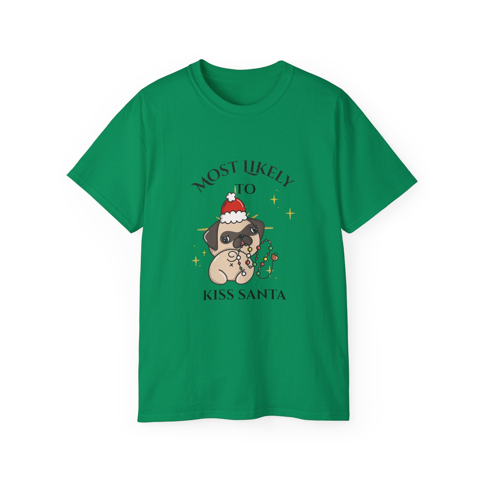 Funny Holiday Dog Tee, Most Likely to Kiss Santa T-Shirt, Christmas Gift for Dog Lovers, Seasonal Apparel, Unisex Cotton Shirt