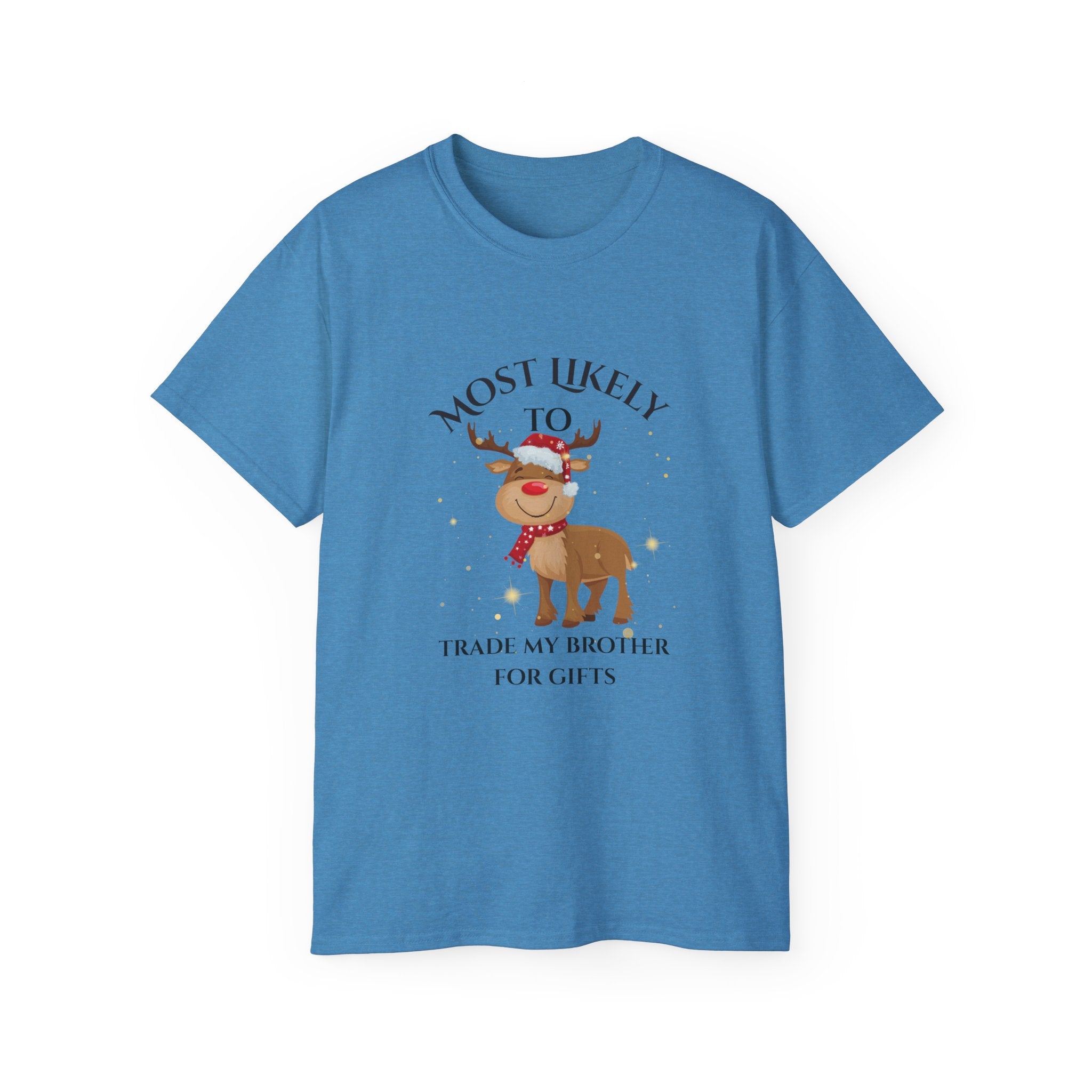 Trade brother for gifts Unisex Holiday Humor Tee, Funny Christmas Shirt, Gift for Siblings, Family Gatherings, Holiday Parties, Cute Reindeer Design