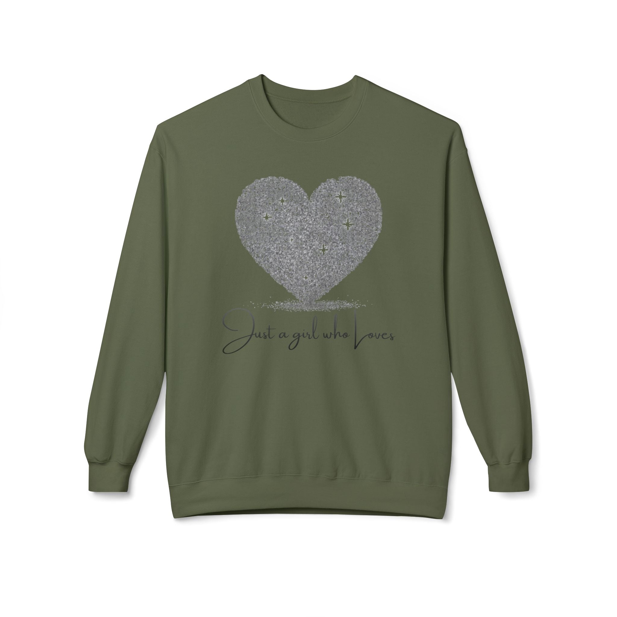 Crewneck Sweatshirt - Glitter Heart "Just a girl who loves" Cozy Graphic Pullover