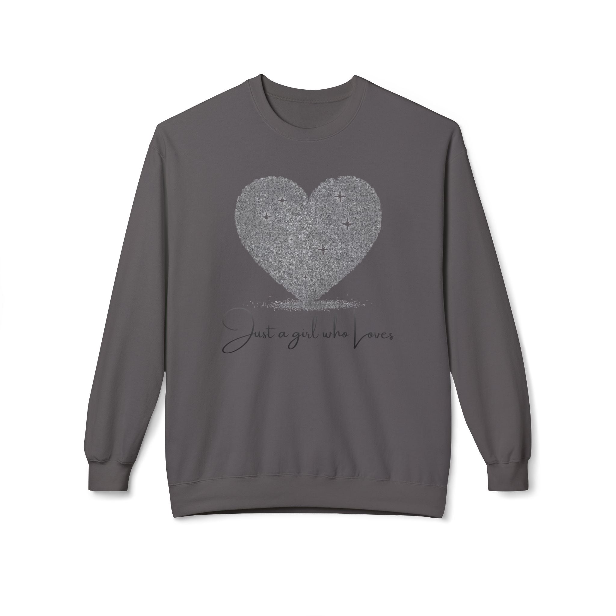 Crewneck Sweatshirt - Glitter Heart "Just a girl who loves" Cozy Graphic Pullover