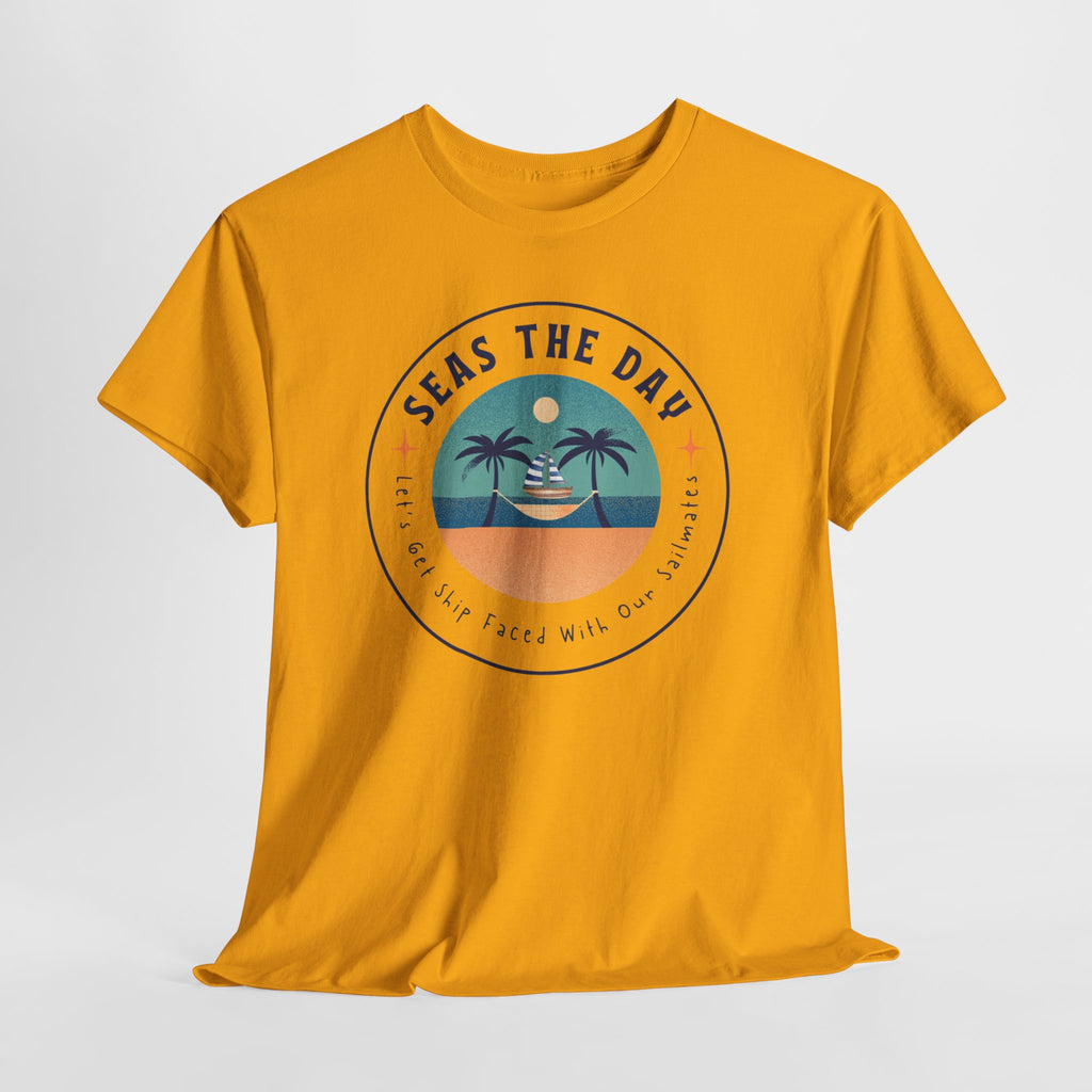 Seas the Day Beach Tee — Retro Palm Tree Sunset “Seas the Day” Graphic Shirt