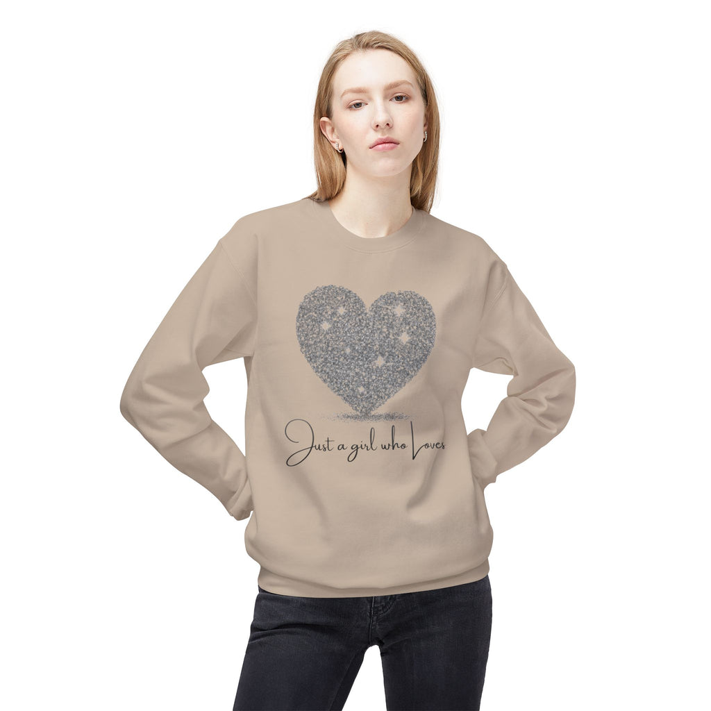 Crewneck Sweatshirt - Glitter Heart "Just a girl who loves" Cozy Graphic Pullover