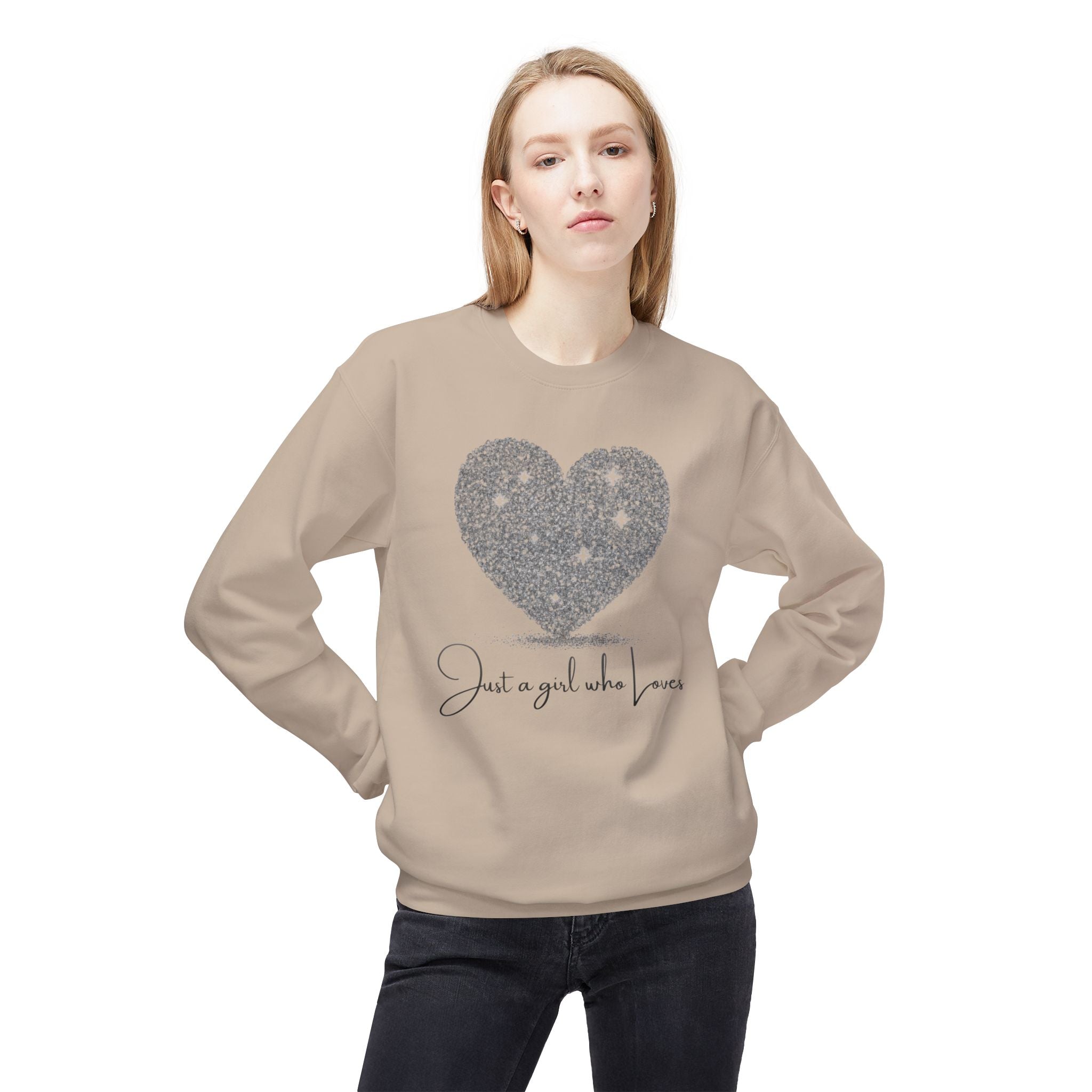 Crewneck Sweatshirt - Glitter Heart "Just a girl who loves" Cozy Graphic Pullover