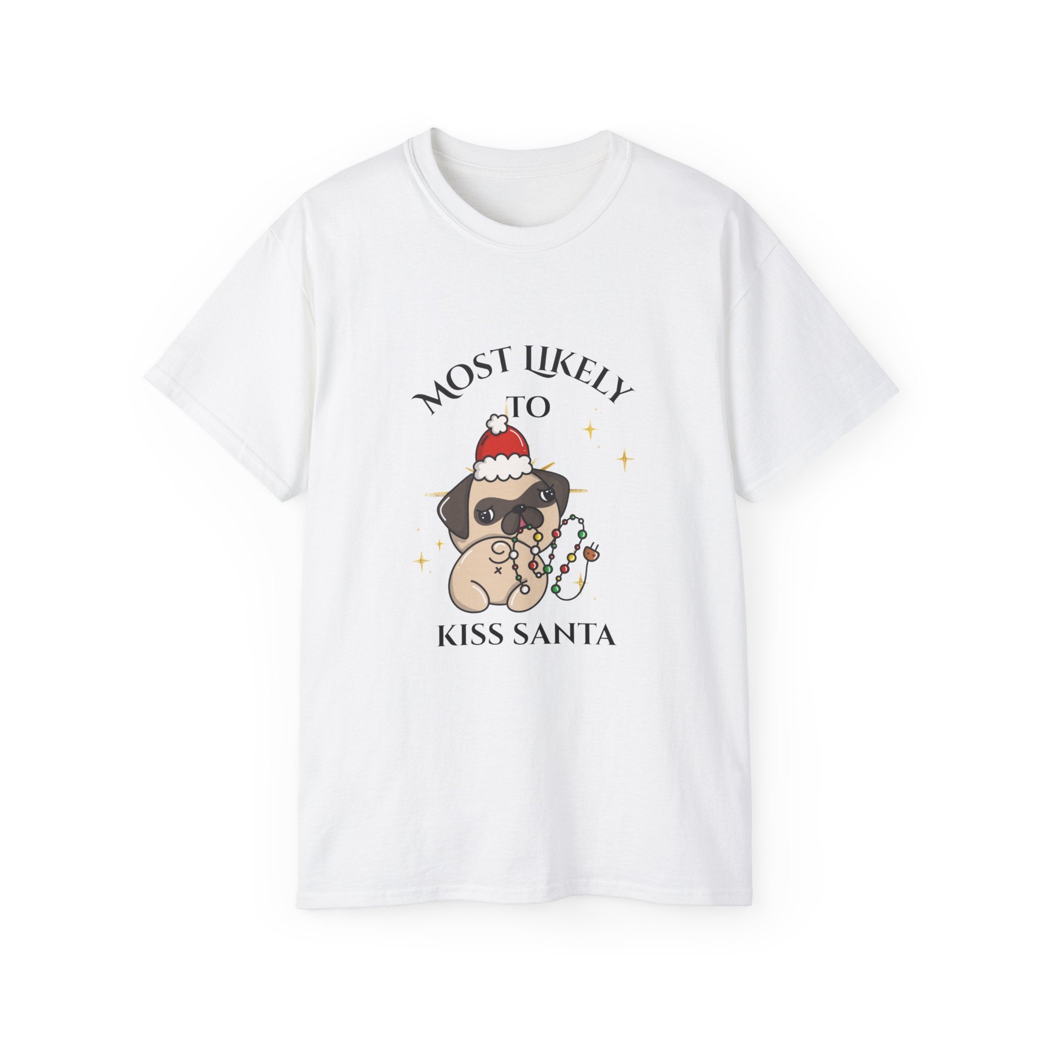 Funny Holiday Dog Tee, Most Likely to Kiss Santa T-Shirt, Christmas Gift for Dog Lovers, Seasonal Apparel, Unisex Cotton Shirt
