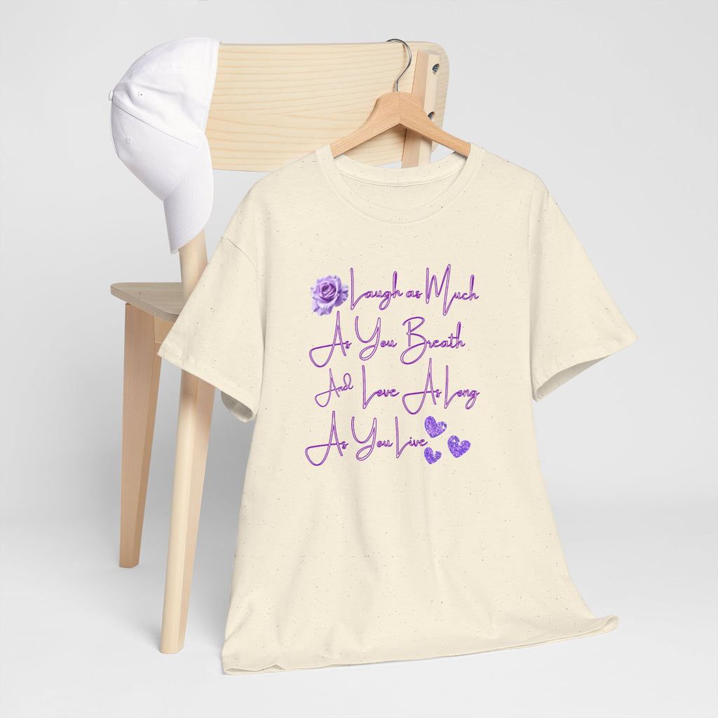 Inspirational Script Tee — "Breathe, Believe, Love" Purple Handwritten Design