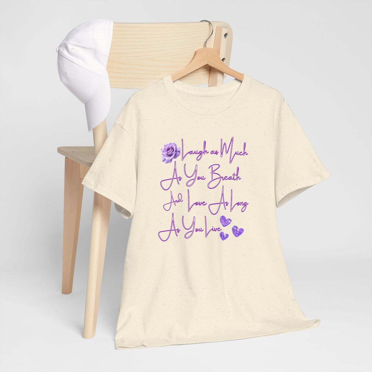 Inspirational Script Tee — "Breathe, Believe, Love" Purple Handwritten Design