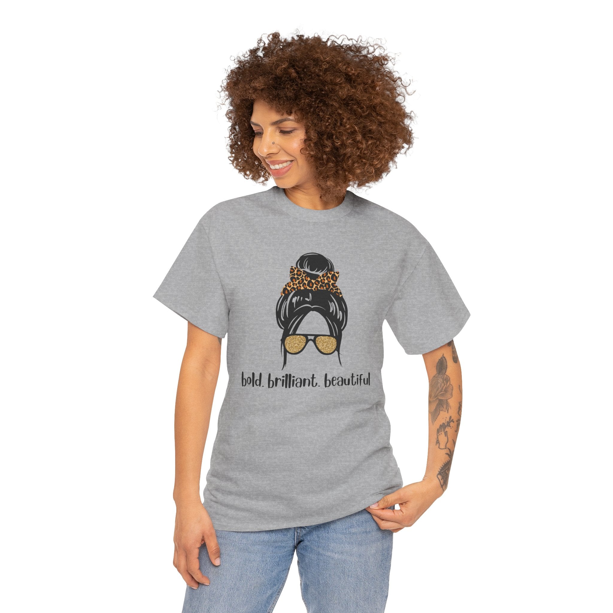 Graphic Tee — Messy Bun Sunglasses Design with "Bold Brilliant Beautiful" Text