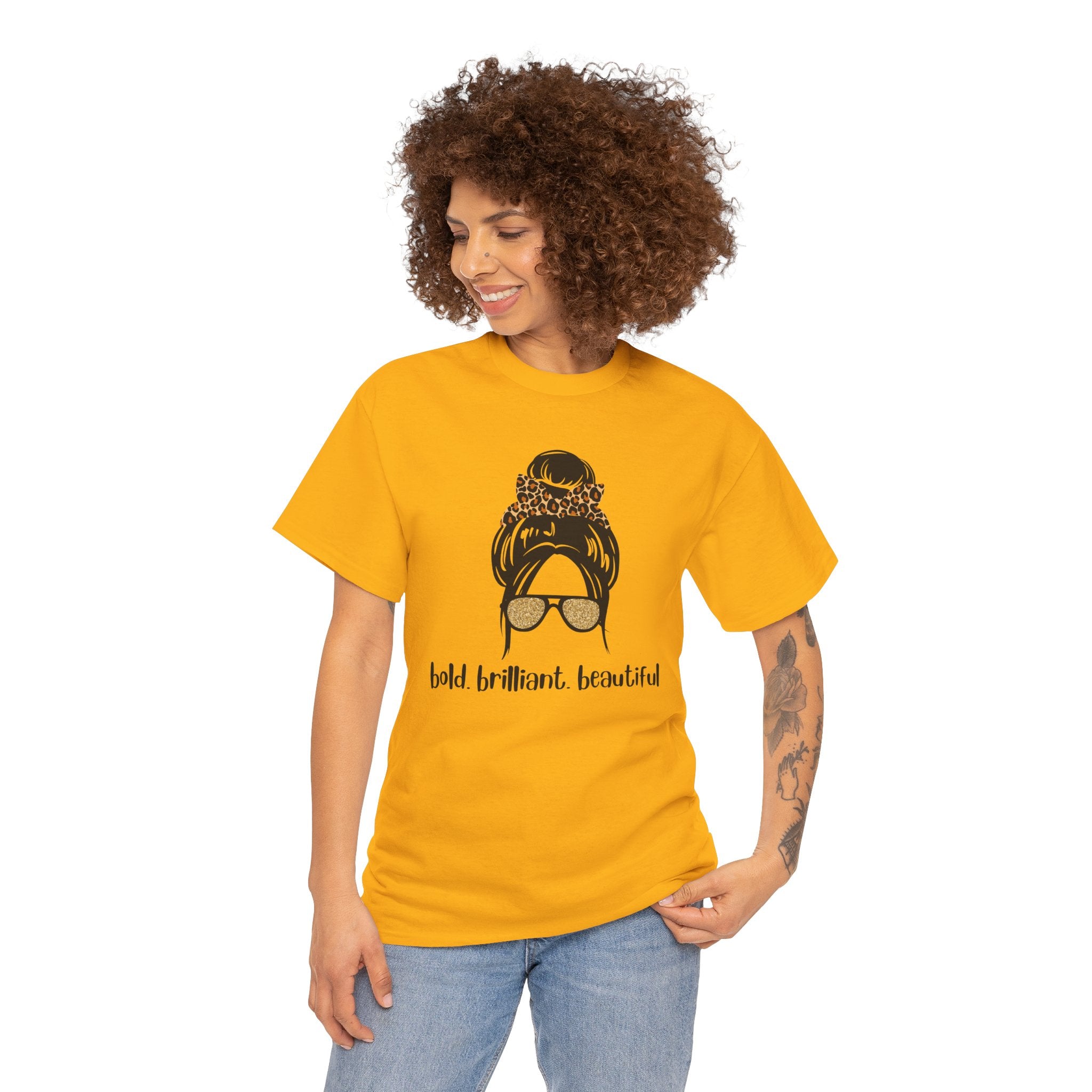 Graphic Tee — Messy Bun Sunglasses Design with "Bold Brilliant Beautiful" Text