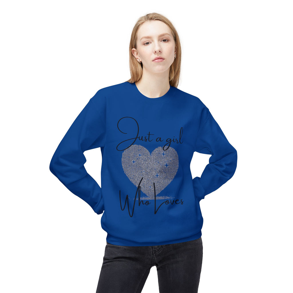 Crewneck Sweatshirt - Glitter Heart "Just a girl who loves" Cozy Graphic Pullover