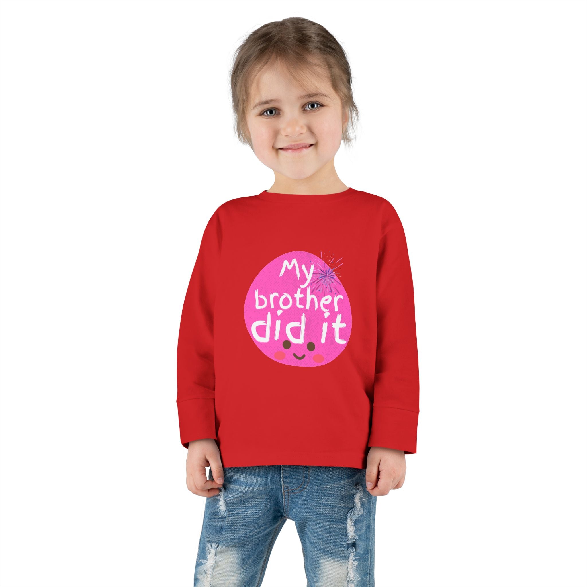 Toddler Long Sleeve Tee — "My Brother Did It" Cute Pink Kids Shirt