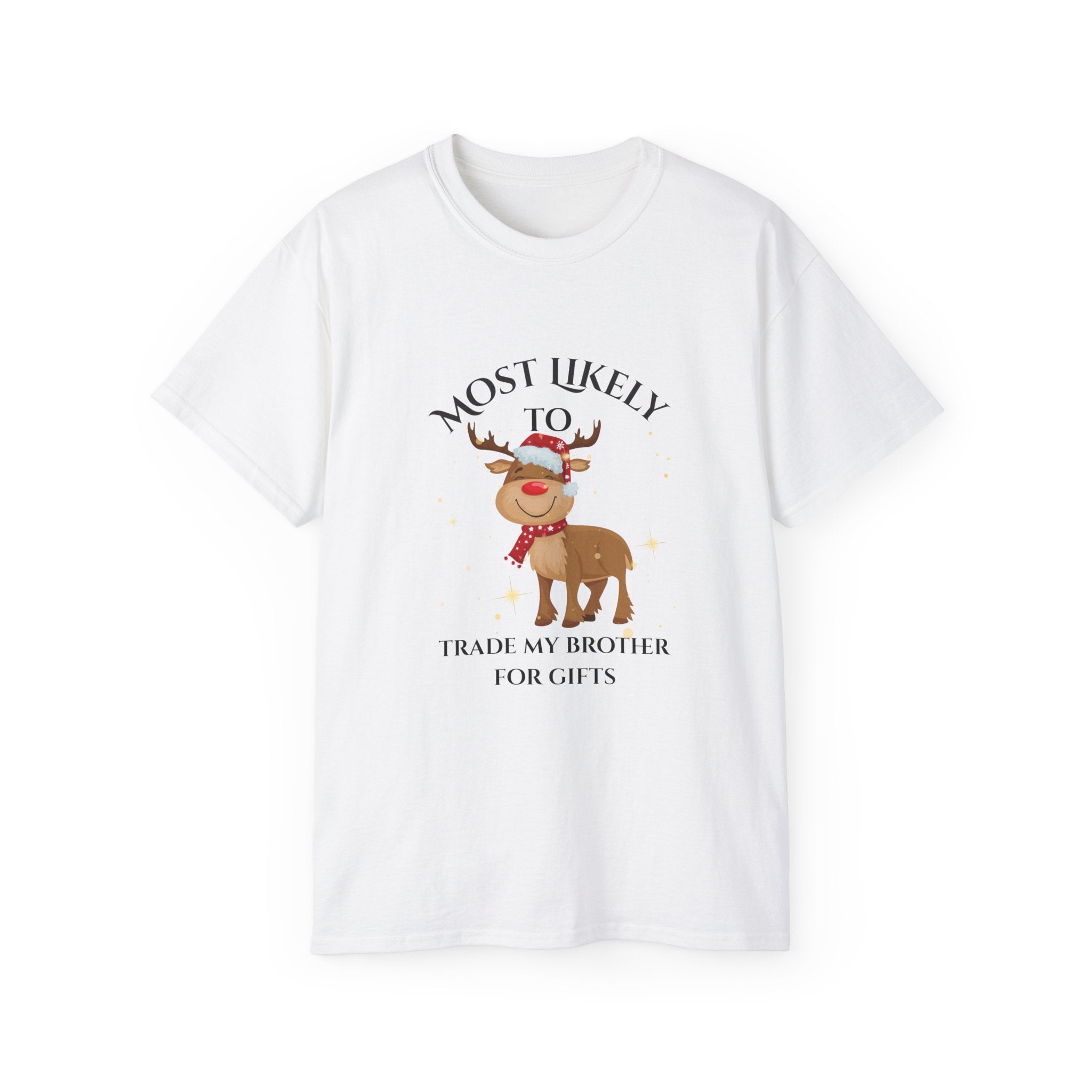 Trade brother for gifts Unisex Holiday Humor Tee, Funny Christmas Shirt, Gift for Siblings, Family Gatherings, Holiday Parties, Cute Reindeer Design