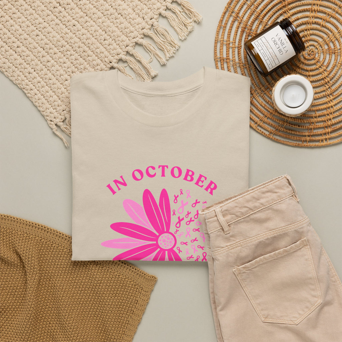 Breast Cancer Awareness Tee — "In October We Wear Pink" Floral Design