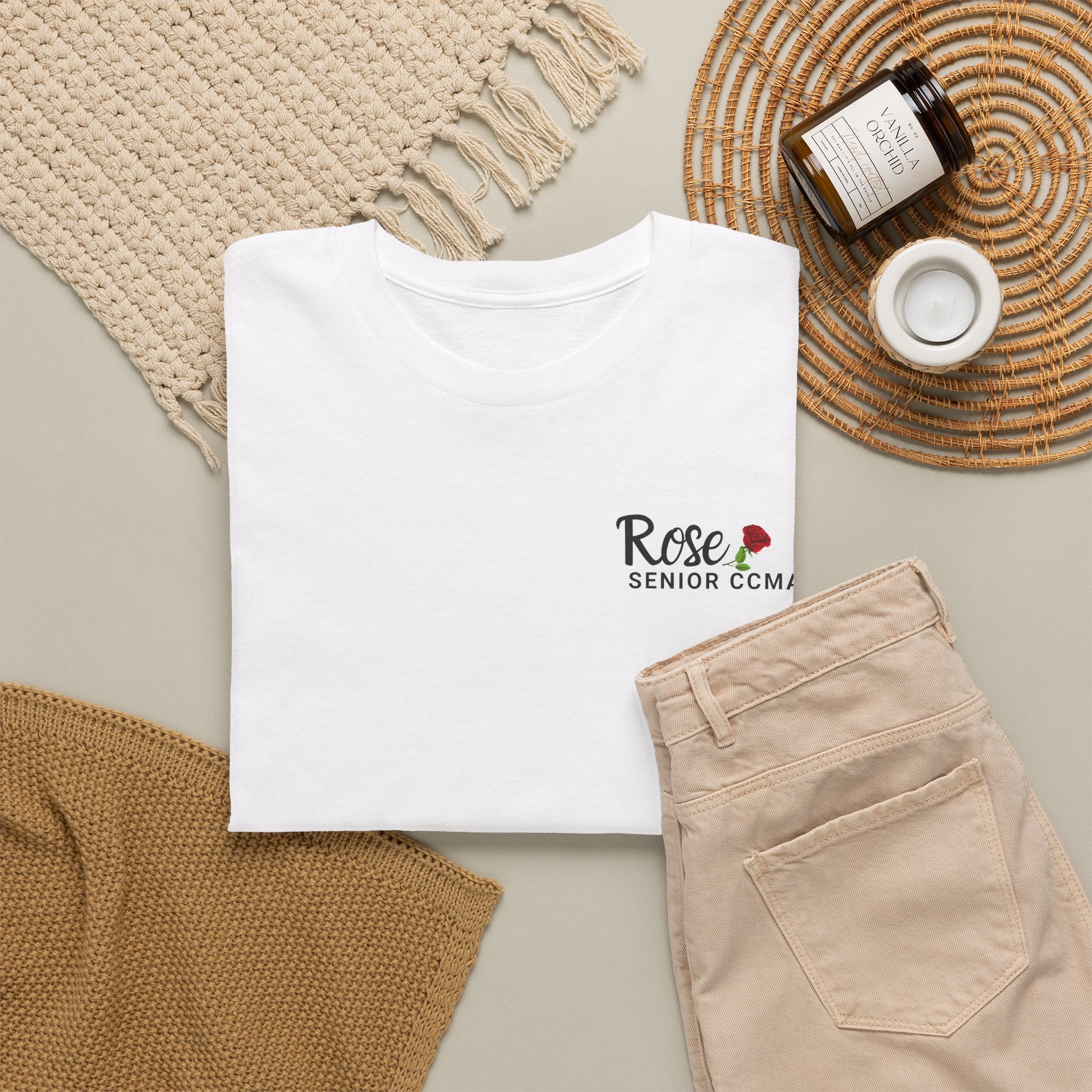 Rose Graphic Tee — "Rose" Script Chest Design