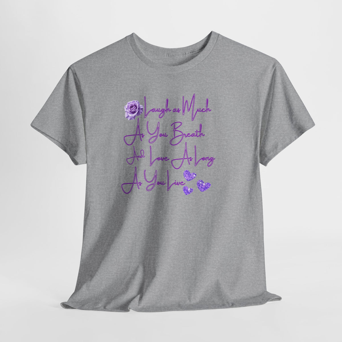 Inspirational Script Tee — "Breathe, Believe, Love" Purple Handwritten Design