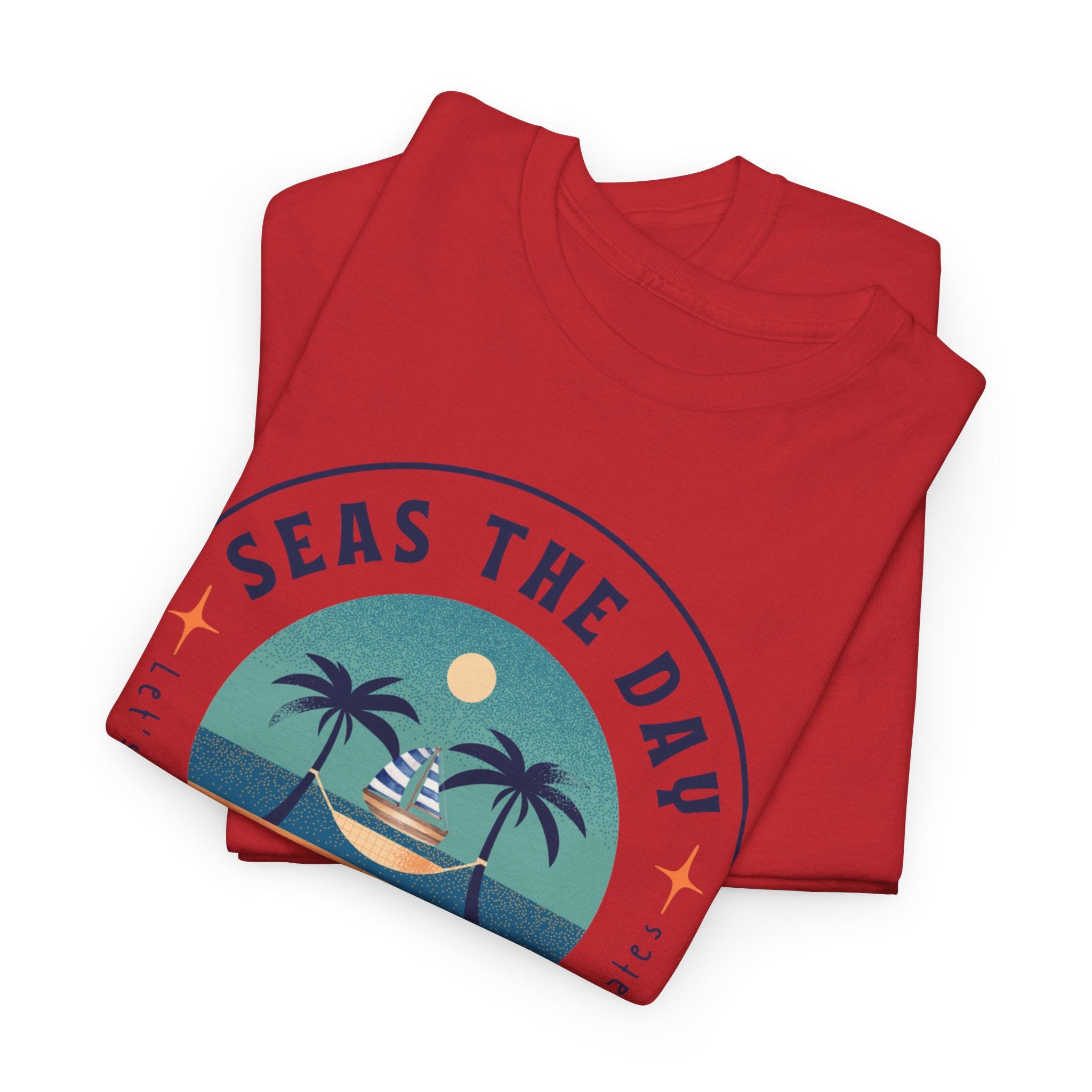 Seas the Day Beach Tee — Retro Palm Tree Sunset “Seas the Day” Graphic Shirt