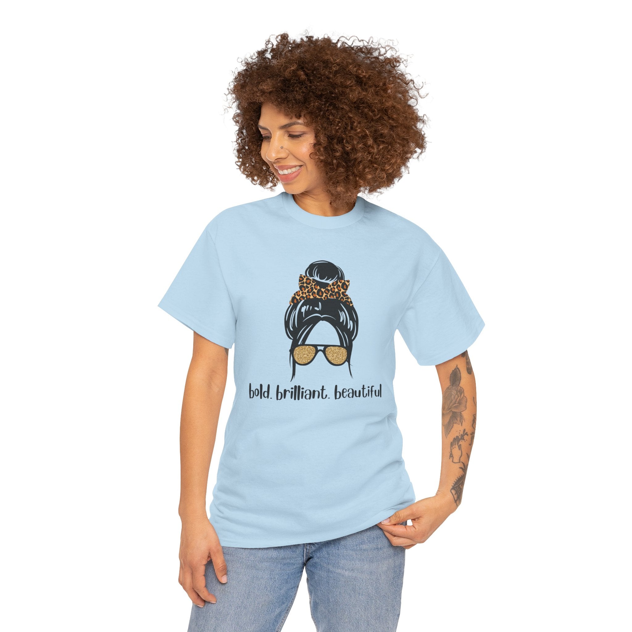 Graphic Tee — Messy Bun Sunglasses Design with "Bold Brilliant Beautiful" Text