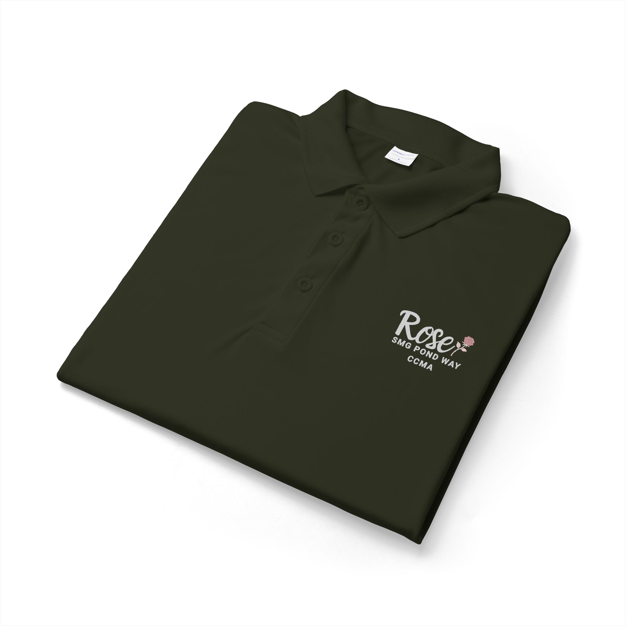 Rose Women's Polo Work Shirt White Script with a Rose