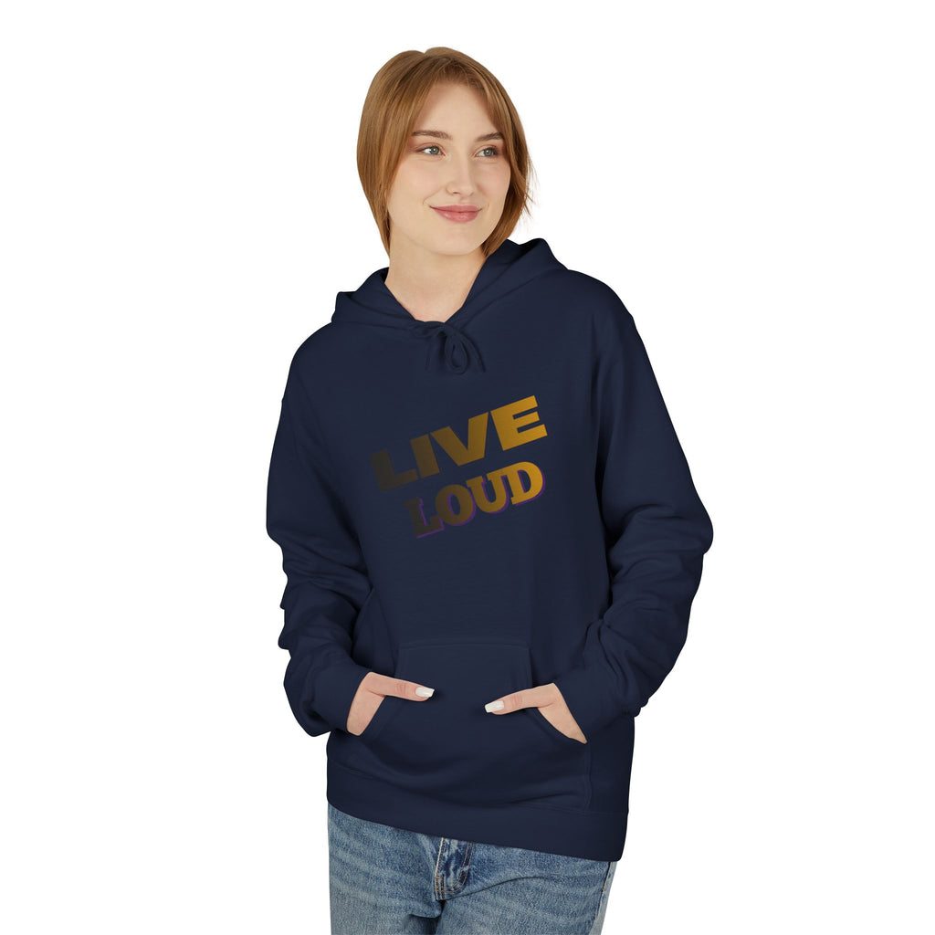 Live Loud Hoodie — Bold Diagonal Text Graphic Pullover
