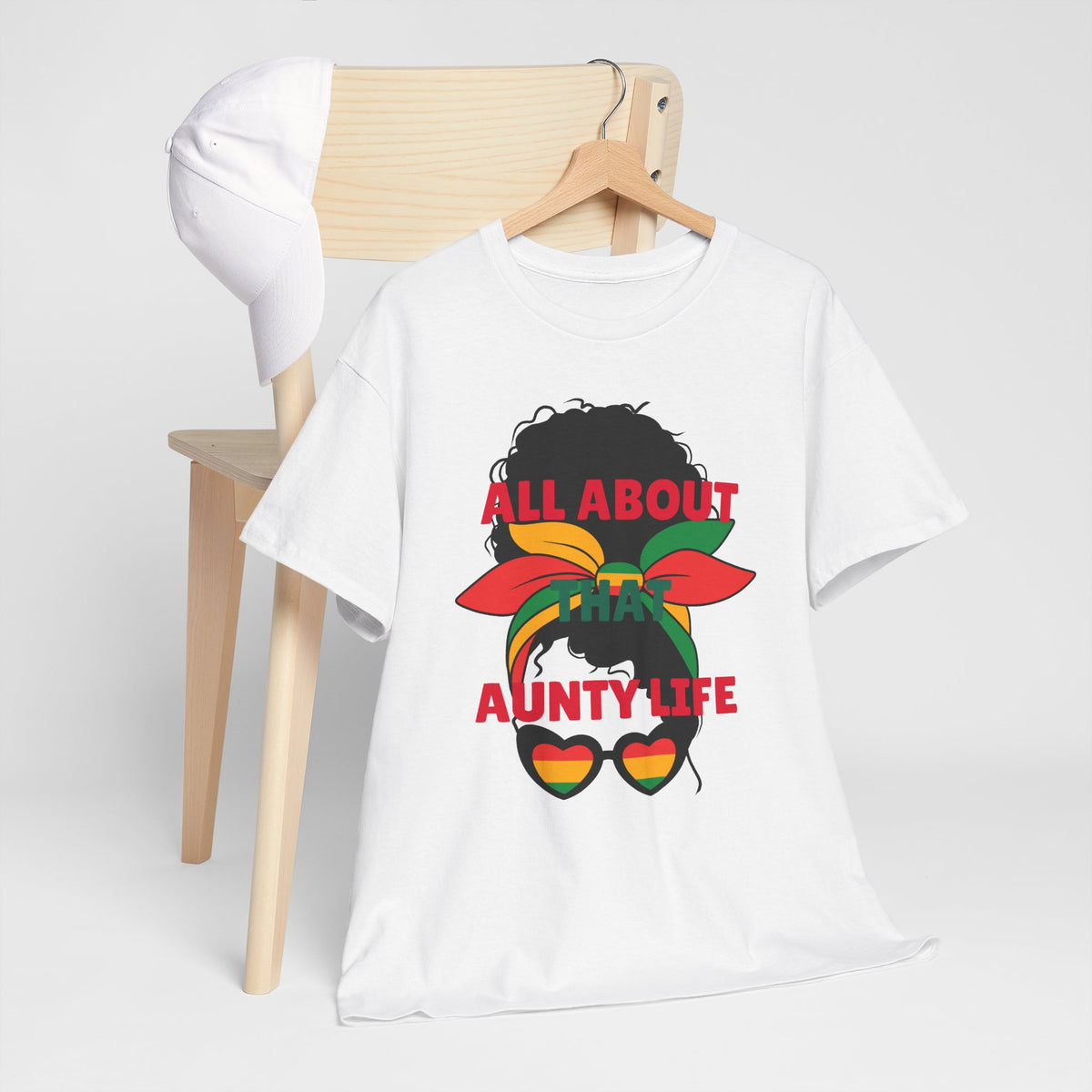 Aunty Life Tee – "All About Aunty Life" Graphic T-Shirt (Tropical Heart Sunglasses)