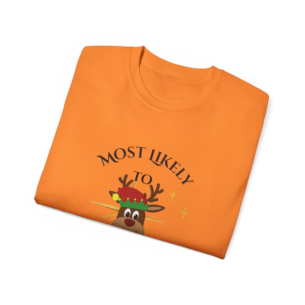 Most Likely to DJ Christmas Party Tee, Holiday T-Shirt, Funny Christmas Gift, Unisex Cotton Shirt, Party Outfit, Festive Apparel