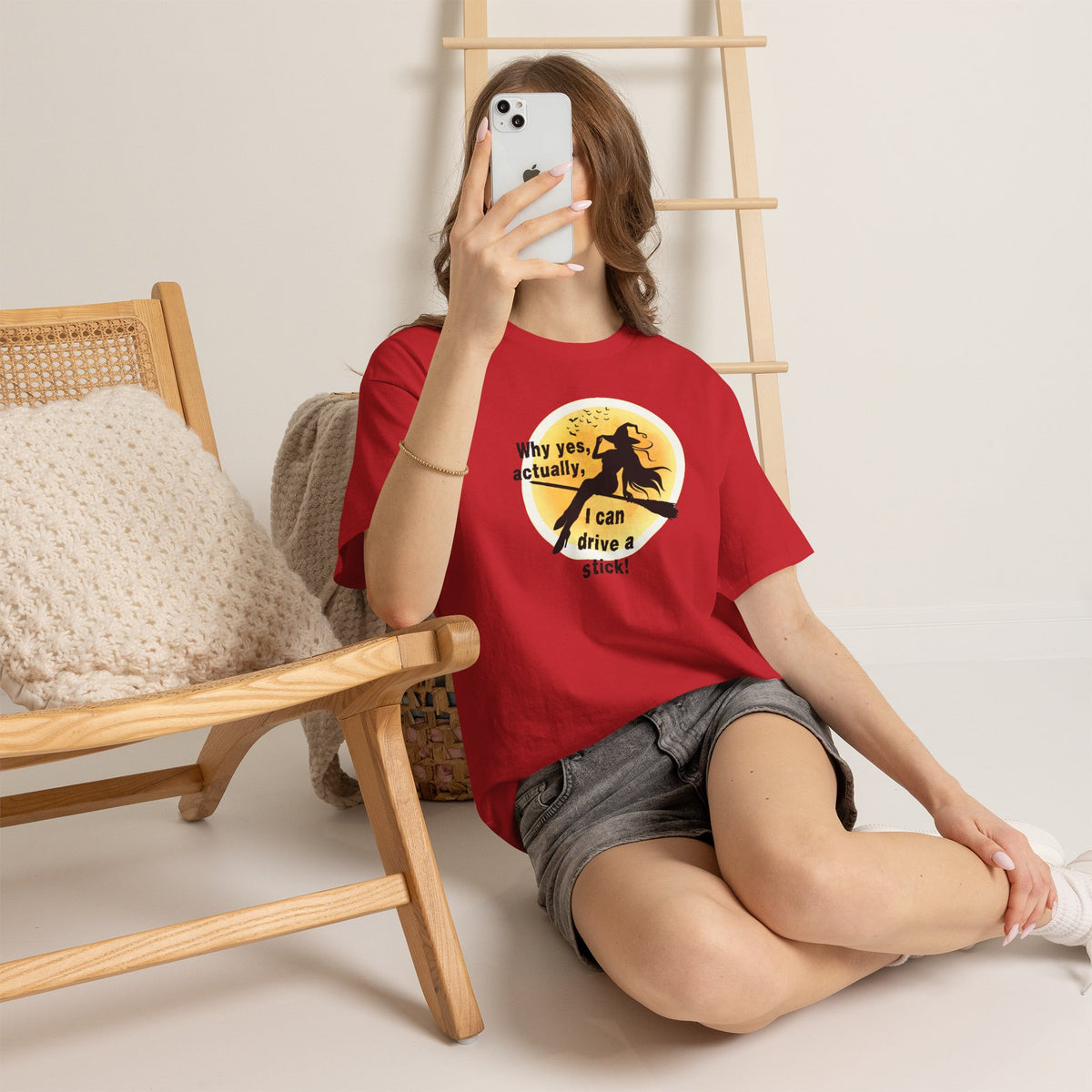 Witch on Broom T-Shirt — "Why yes, actually, I can drive a stick!" Halloween Tee