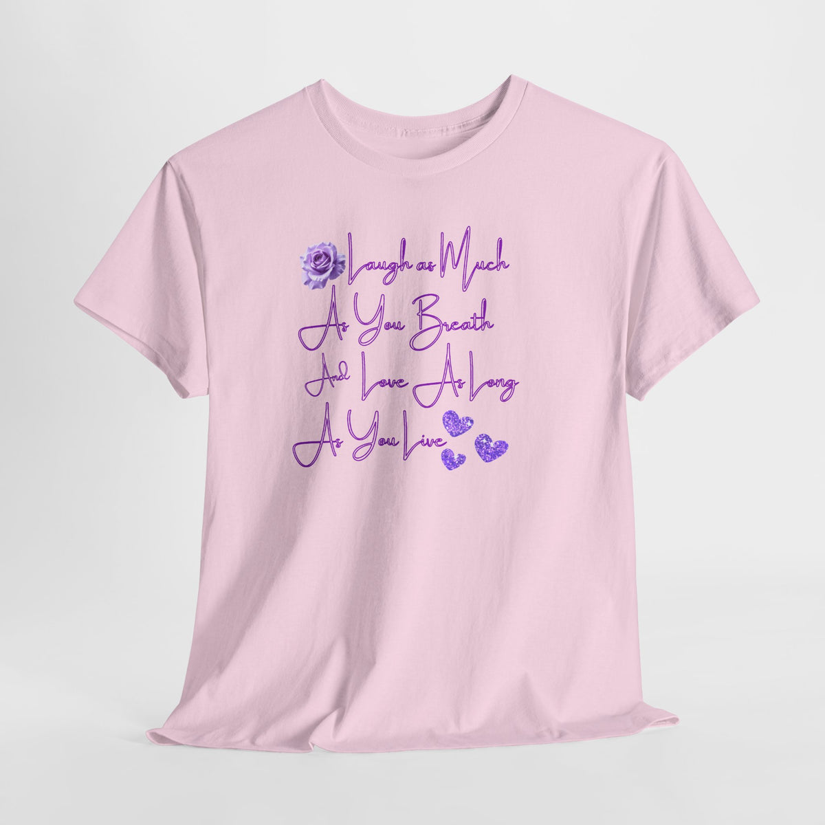 Inspirational Script Tee — "Breathe, Believe, Love" Purple Handwritten Design