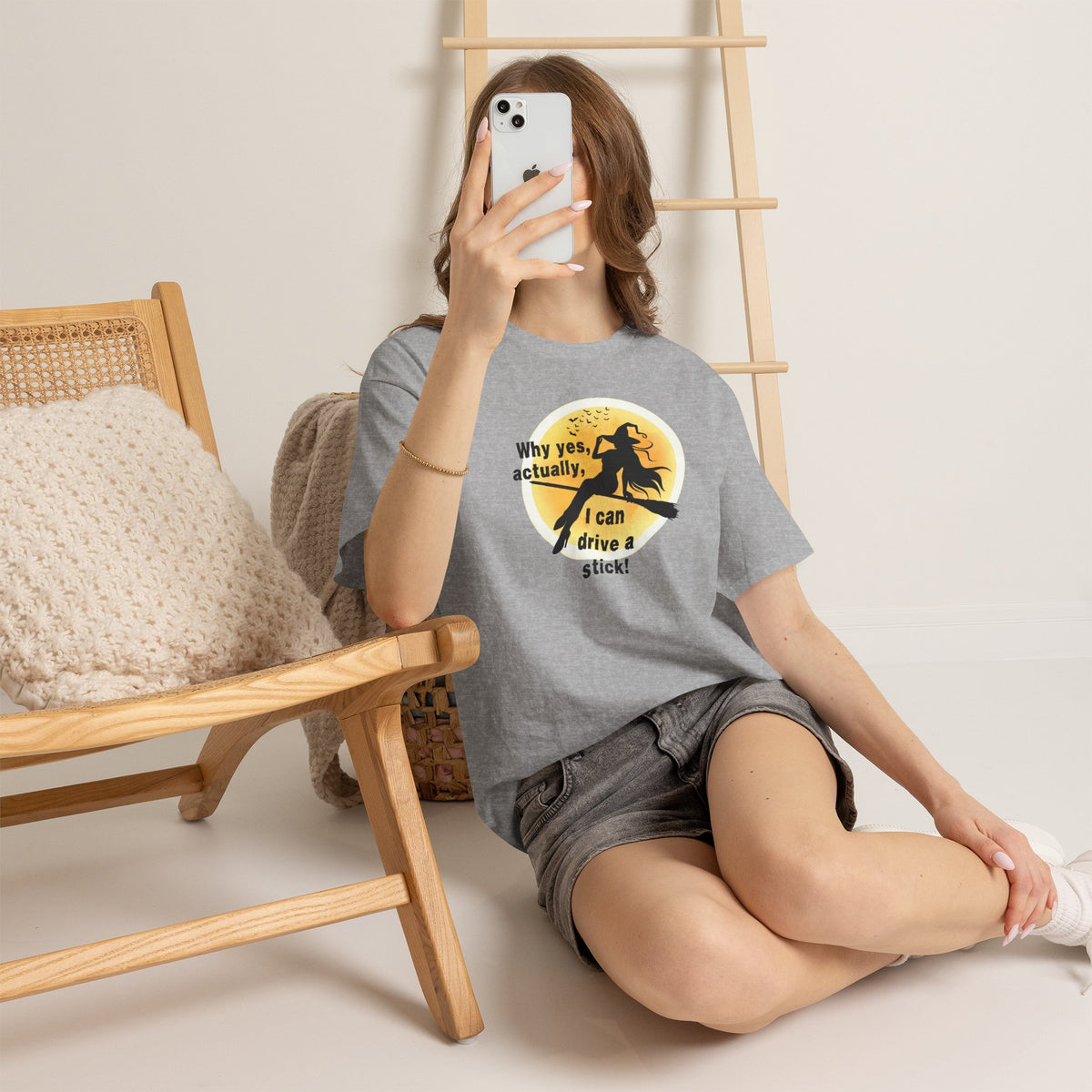Witch on Broom T-Shirt — "Why yes, actually, I can drive a stick!" Halloween Tee