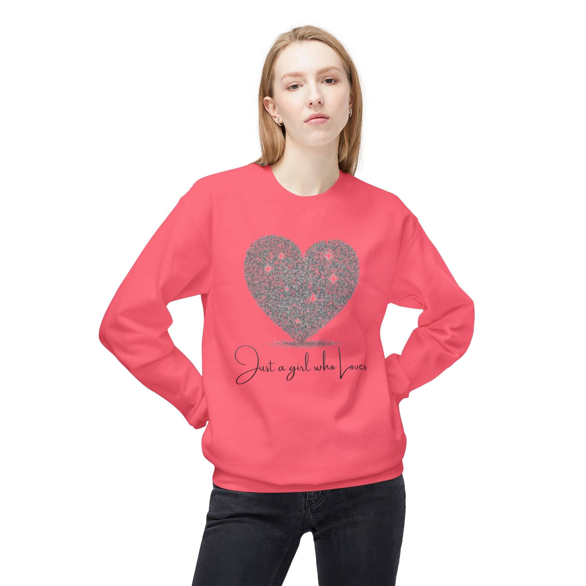 Crewneck Sweatshirt - Glitter Heart "Just a girl who loves" Cozy Graphic Pullover