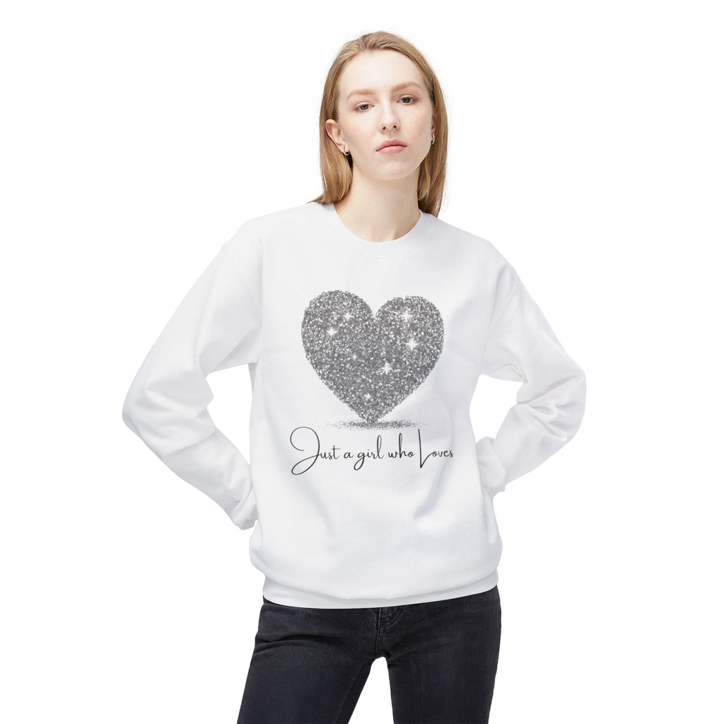 Crewneck Sweatshirt - Glitter Heart "Just a girl who loves" Cozy Graphic Pullover