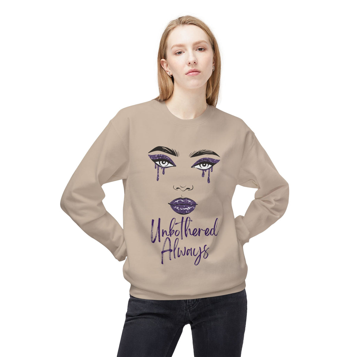 Unbothered Always Crewneck Sweatshirt — Glam Dripping Makeup Graphic
