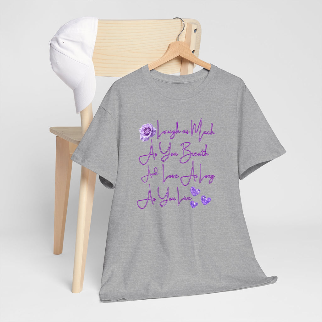 Inspirational Script Tee — "Breathe, Believe, Love" Purple Handwritten Design
