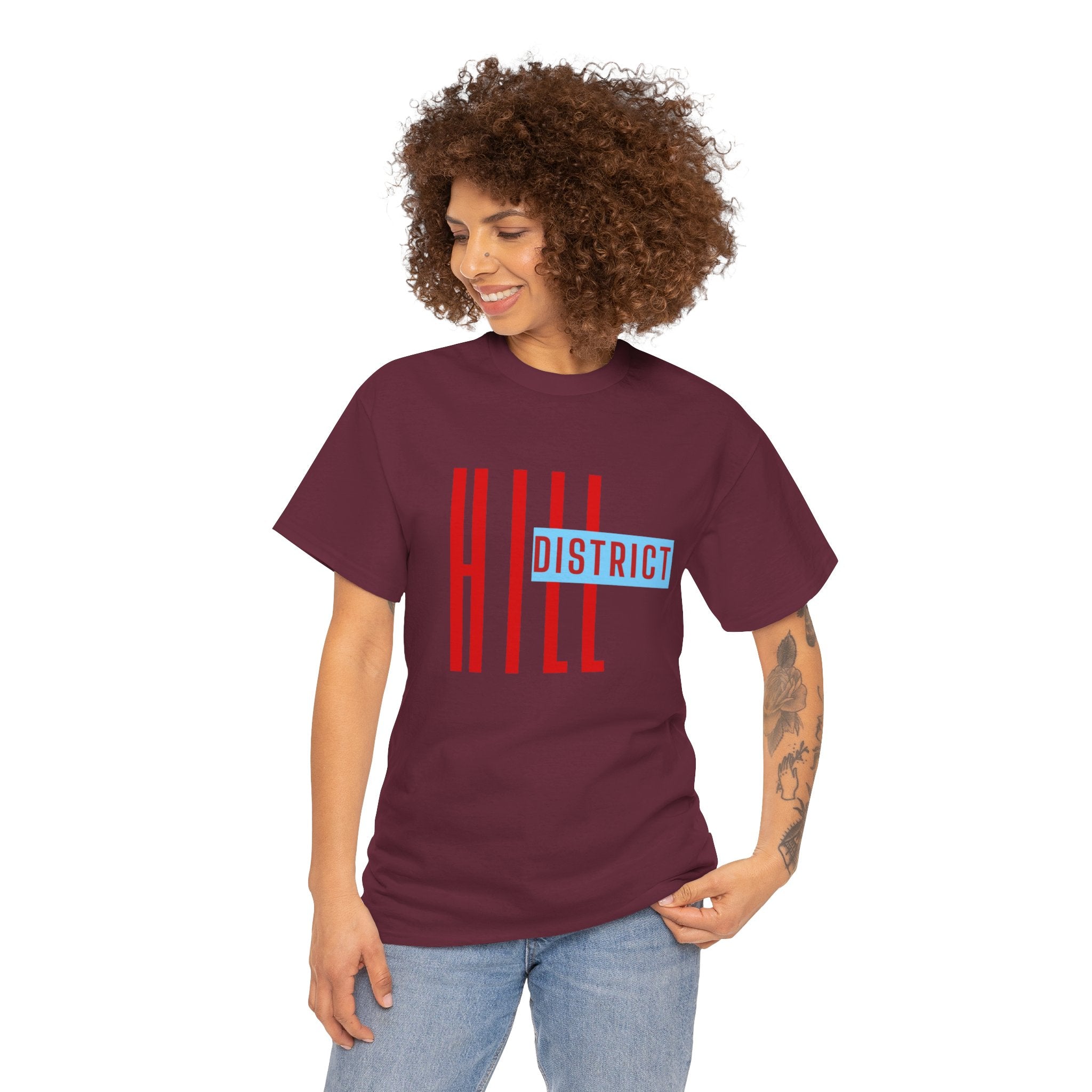 Hill District T-Shirt — Retro Red & Blue 'DISTRICT' Graphic Tee