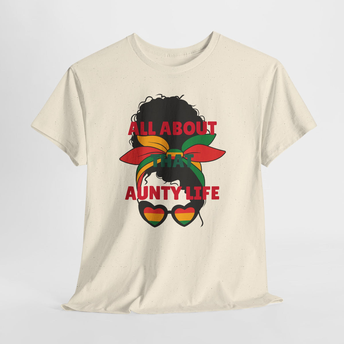 Aunty Life Tee – "All About Aunty Life" Graphic T-Shirt (Tropical Heart Sunglasses)