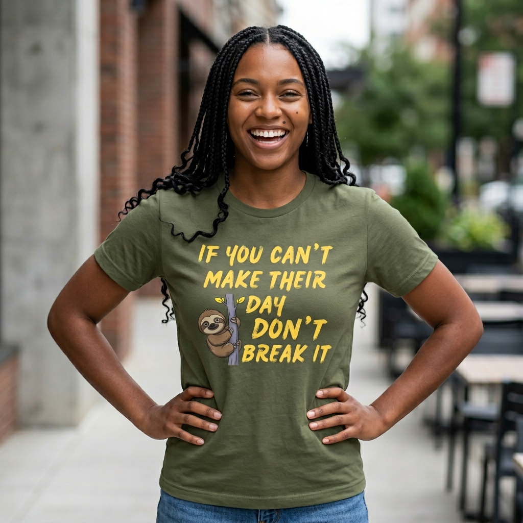 Sloth Graphic Tee — “If You Can't Make Their Day Don't Break It” Inspirational T‑Shirt