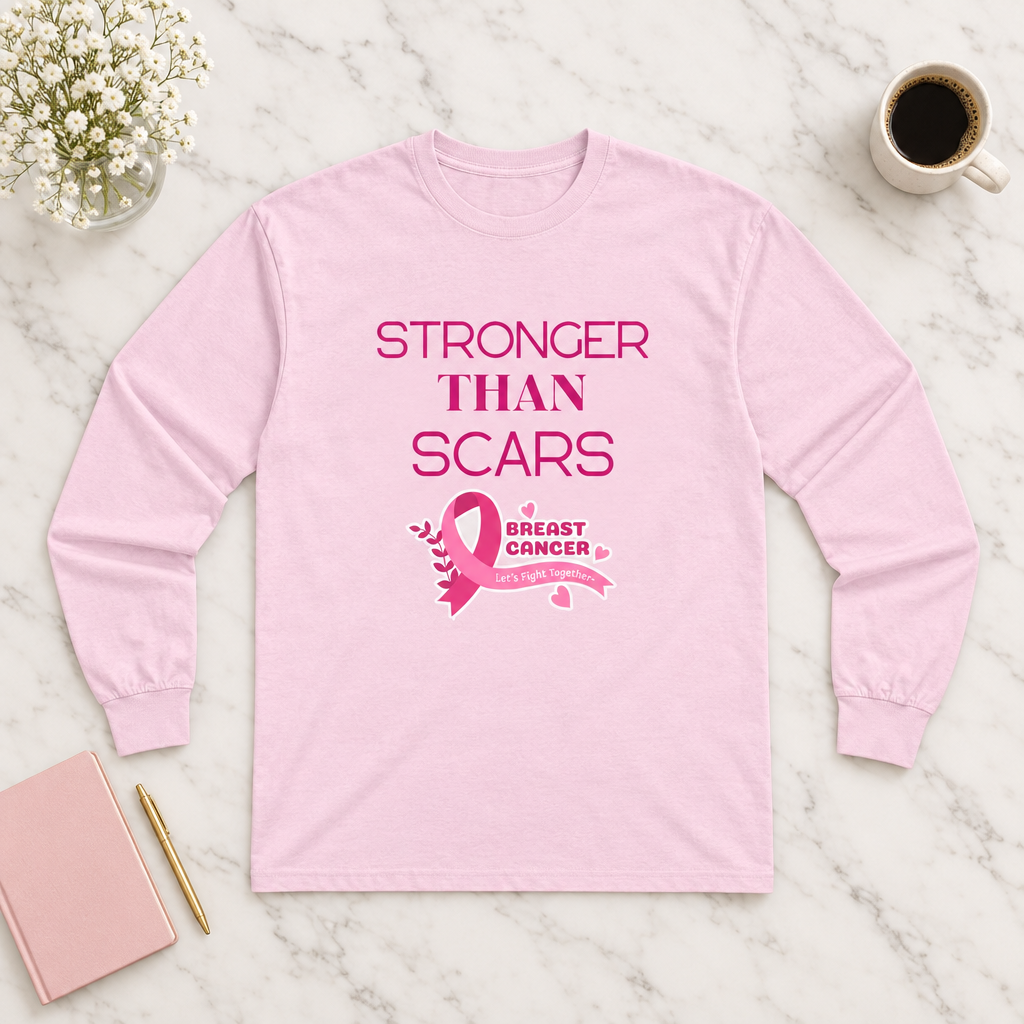 Breast Cancer Awareness Long Sleeve Tee — "Stronger Than Scars" Pink Shirt
