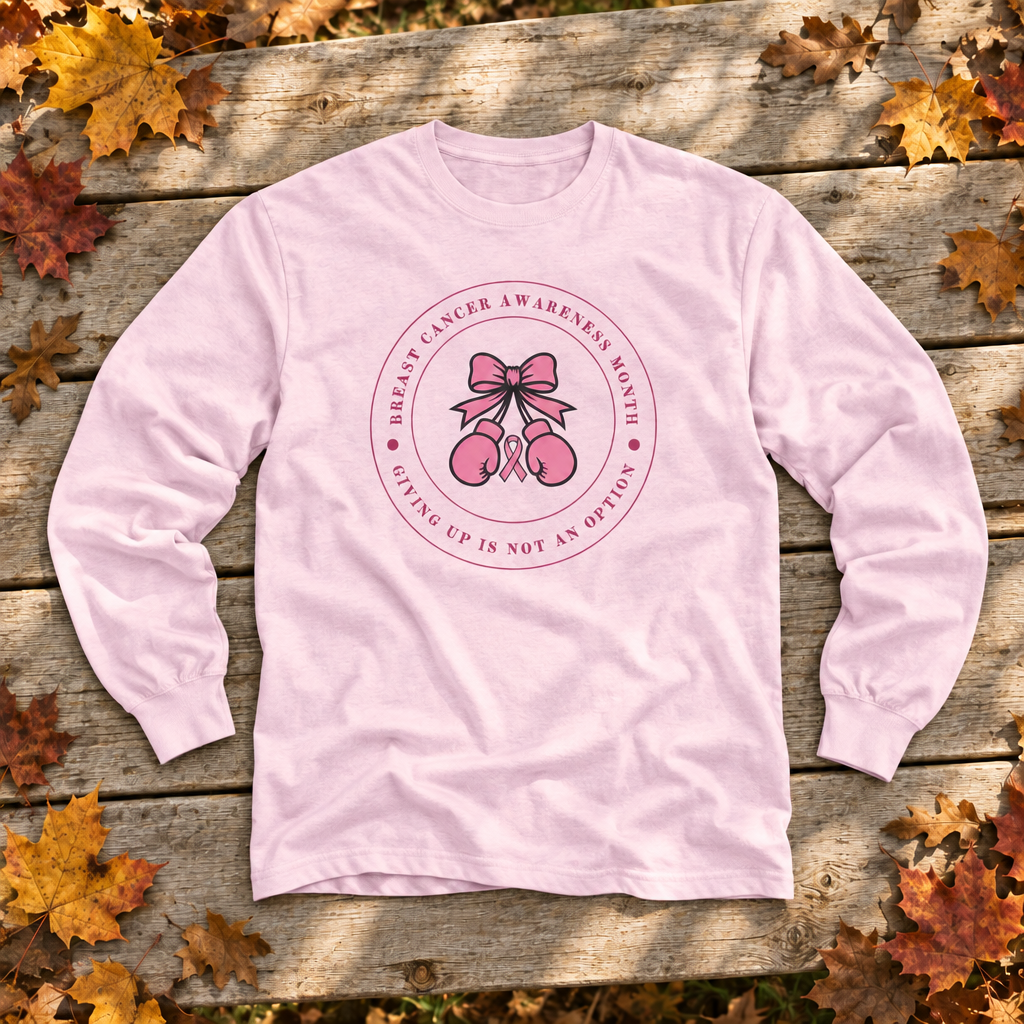 Breast Cancer Awareness Long Sleeve Tee — Pink Ribbon Double Bow Design