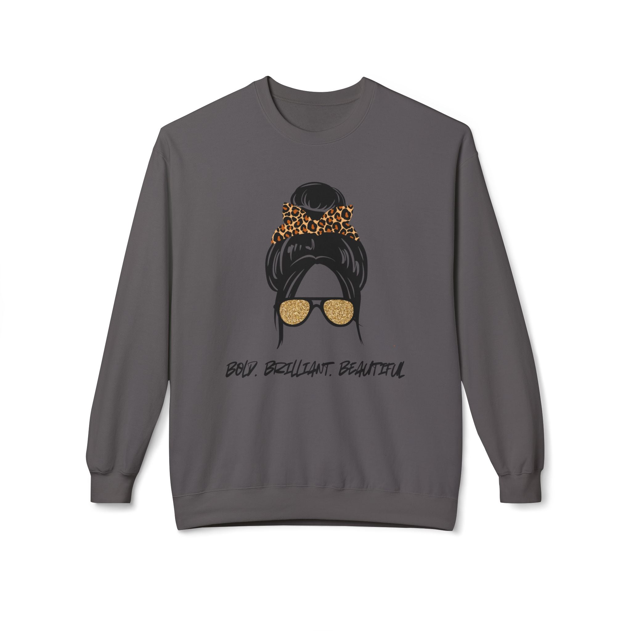 Bold Brilliant Beautiful Graphic Messy Bun Leopard Sunglasses Crewneck Sweatshirt