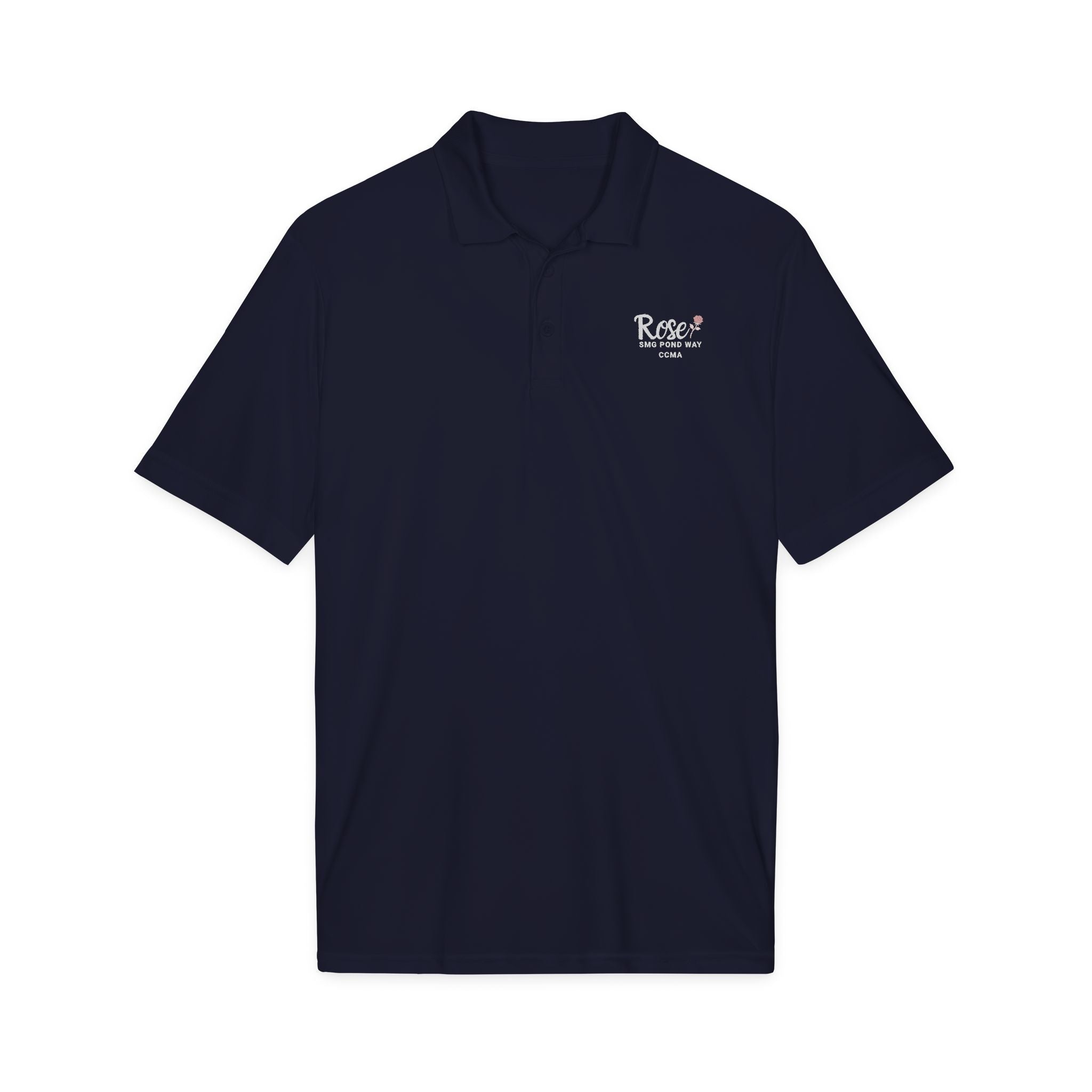 Rose Women's Polo Work Shirt White Script with a Rose