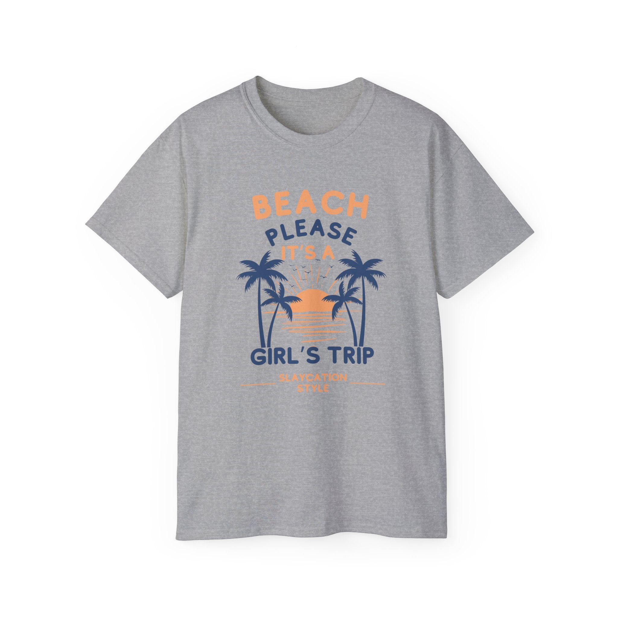 Beach Please It's a Girl's Trip Tee — Tropical Palm Sunset Vacation Shirt