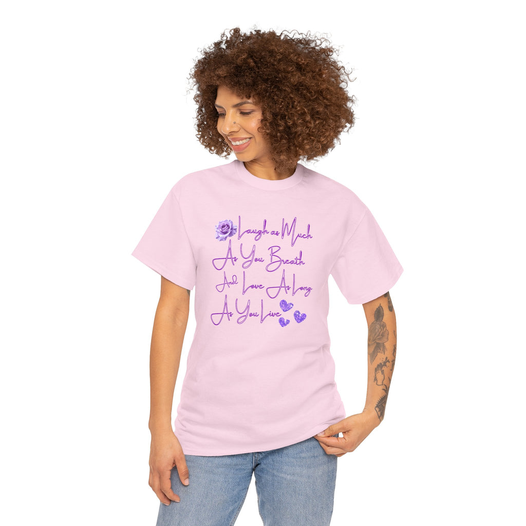 Inspirational Script Tee — "Breathe, Believe, Love" Purple Handwritten Design