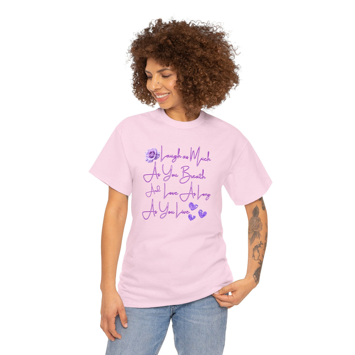 Inspirational Script Tee — "Breathe, Believe, Love" Purple Handwritten Design