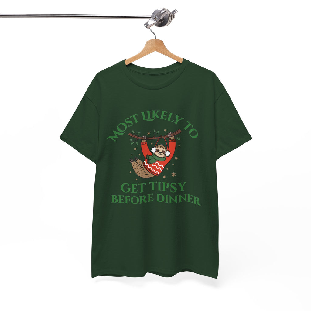 Most Likely to Get Tipsy Before Dinner Christmas Sloth T-Shirt