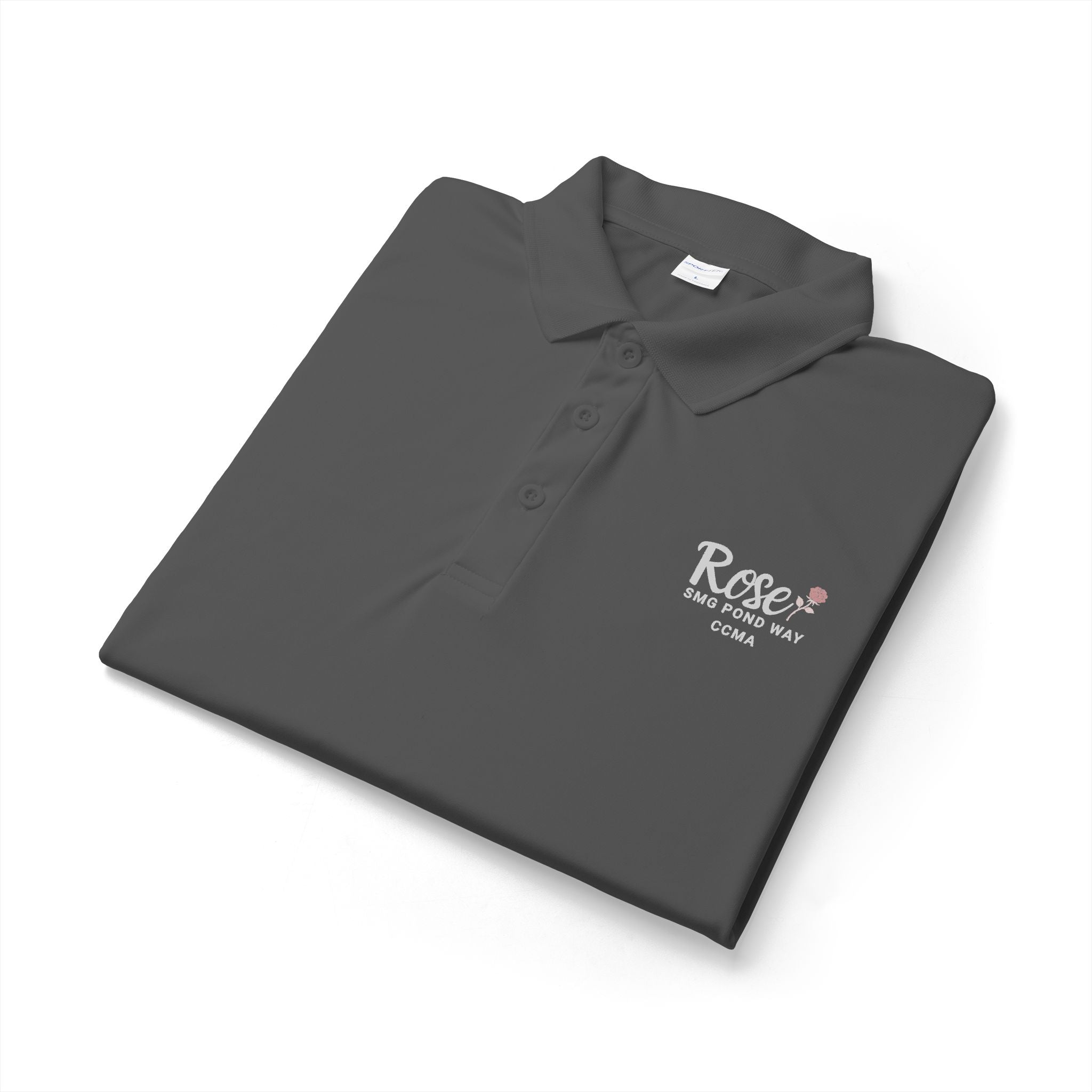 Rose Women's Polo Work Shirt White Script with a Rose